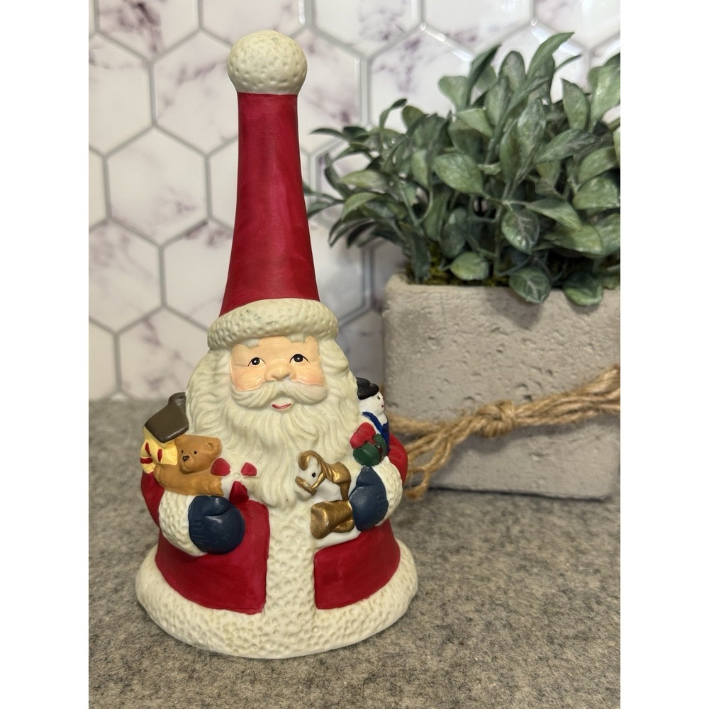 VintageChristmas SANTA CLAUS BELL Figurine Ceramic Gifts Wreat Holly Berry 6 1/8
